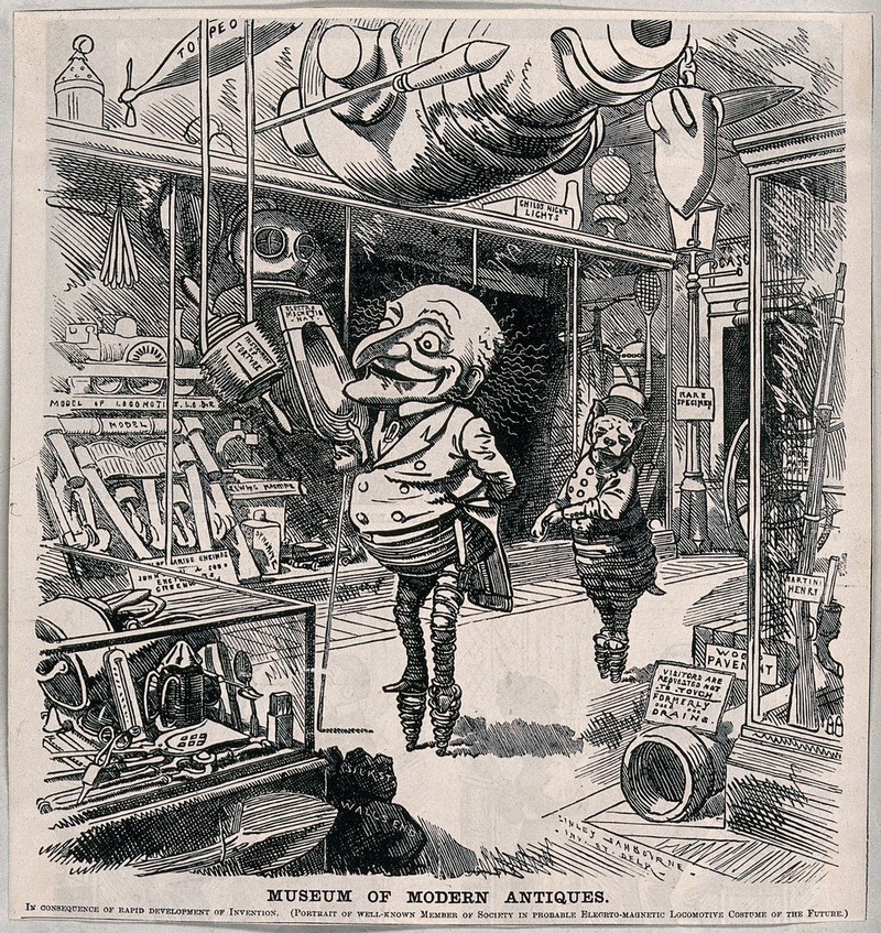 Two figures, Mr Punch and his cat, with springs on their feet, standing in a museum of modern inventions. Wood engraving after L. Sambourne, 1878., 1878, by Edward Linley Sambourne