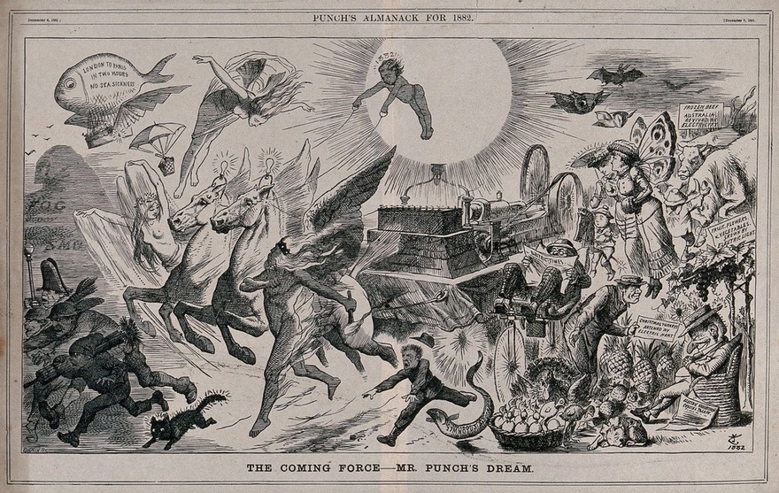 A large vehicle (Phoebus's cart), on which is an electrical generator, being pulled along by winged horses with light bulbs on their heads: electricity sweeps all before it. Wood engraving by Swain, 1881, after J. Tenniel.
