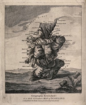 view The figure of a woman representing the map of Scotland. Etching by Robert Dighton, 1794.