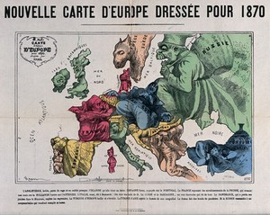 view Different figures representing a map of the countries of Europe in 1870. Coloured lithograph after P.J. Hadol.