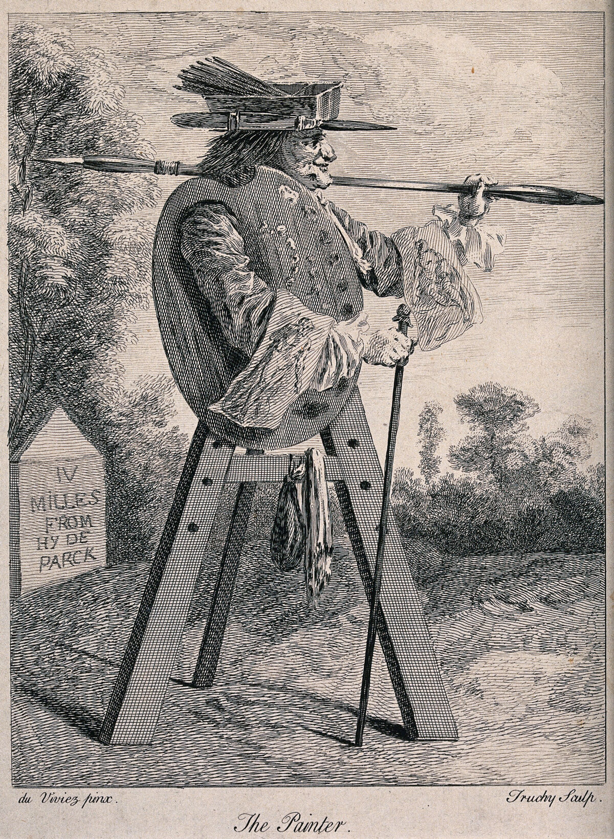 An artist's easel with the figure of a man holding a large paint brush. Etching by L. Truchy after Du Viviez., Avril 22 1740, by Louis Truchy