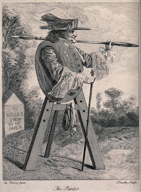 An artist's easel with the figure of a man holding a large paint brush. Etching by L. Truchy after Du Viviez.