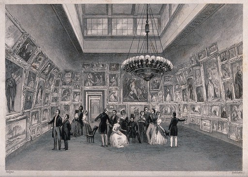 A group of people are gathered in an art gallery looking at the pictures hanging on the walls. Engraving by Radclyffe after Sargent.