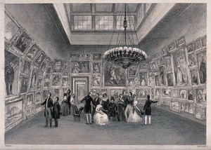 view People looking at the pictures on exhibition at the Royal Academy, London. Engraving by Radclyffe after Sargent.