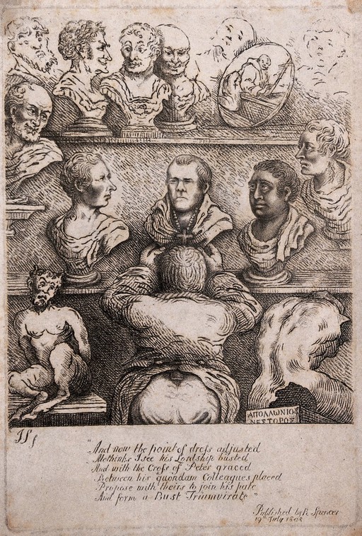 A man is leaning towards a row of shelves each containing busts of men and women. Etching.
