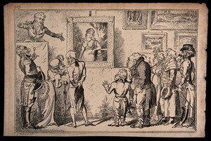 view Men and women are attending an auction of paintings: the auctioneer is selling the painting on the wall. Etching by George Cruikshank.