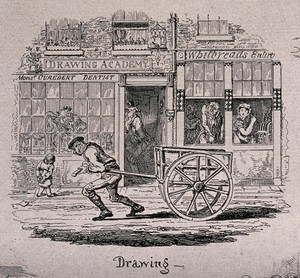 view A man is drawing a cart along the road as other people perform other activities also called drawing. Etching by George Cruikshank.