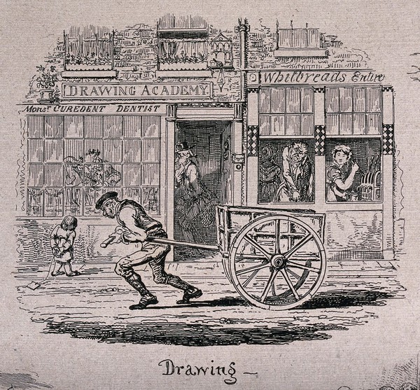 A man is drawing a cart along the road as other people perform other activities also called drawing. Etching by George Cruikshank.