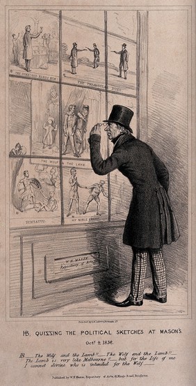 HB (John Doyle) looking at his own prints in a print-shop window. Lithograph, 184-.