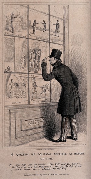 view HB (John Doyle) looking at his own prints in a print-shop window. Lithograph, 184-.