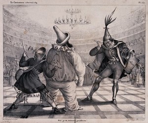 view At the Opéra ball, King Louis Philippe (centre) as a clown is confronted by Charles Philipon (right, representing the journal Caricature) and Louis Desnoyers (left, representing the journal Charivari), both dressed as jesters. Lithograph attributed to Korff, 1834.