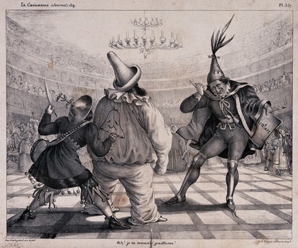 At the Opéra ball, King Louis Philippe (centre) as a clown is confronted by Charles Philipon (right, representing the journal Caricature) and Louis Desnoyers (left, representing the journal Charivari), both dressed as jesters. Lithograph attributed to Korff, 1834.