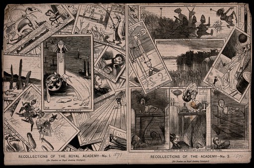 A figure in the centre surrounded by candles in holders, a man with a box of collars and a goose girl, soldiers in battle and women at tables. Wood engraving.