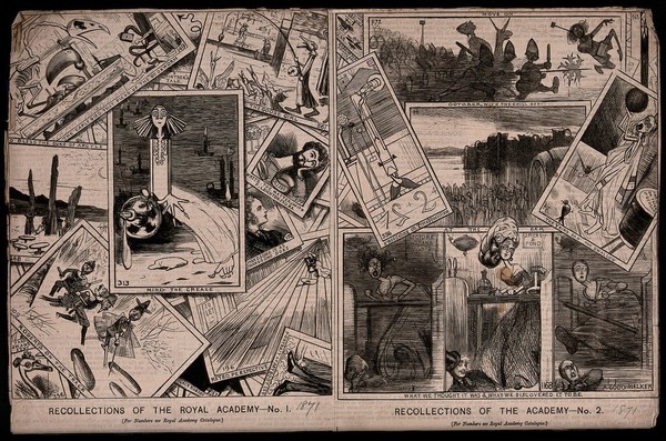 Parodies of pictures at the Royal Academy: a woman in the centre surrounded by candles in holders, a man (Frederic Leighton RA) with a box of collars, a goose girl, soldiers in battle and women at tables. Wood engravings by Dalziel Brothers after J.G Thomson, 1871.