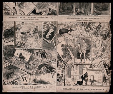 Parodies of pictures at the Royal Academy: women enjoying a bottle of wine, a nun wearing a wimple and a cross, a man riding a hobby horse and a dog with very large teeth. Wood engraving by Dalziel Brothers after John Gordon Thomson, 1871-1872.