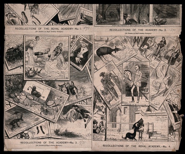 Parodies of pictures at the Royal Academy: women enjoying a bottle of wine, a nun wearing a wimple and a cross, a man riding a hobby horse and a dog with very large teeth. Wood engraving by Dalziel Brothers after John Gordon Thomson, 1871-1872.