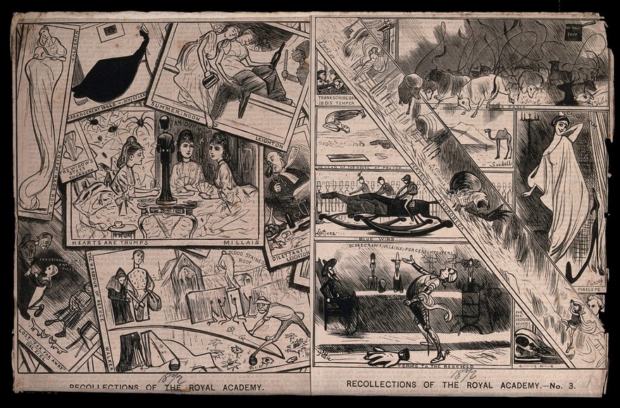 Parodies of pictures at the Royal Academy: women are playing cards at a table, a man has a bottle stuck on the end of his nose, jockeys ride on rocking horses and a camel looks over pyramid. Wood engraving by Dalziel Brothers, 1872, after John Gordon Thomson.