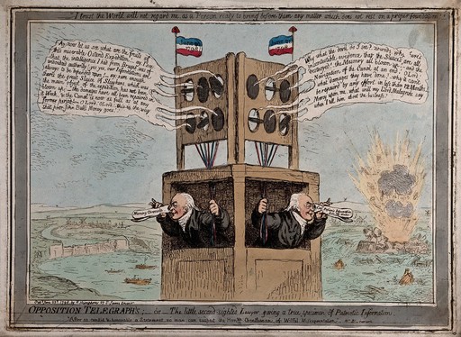 Two men are peering out from a look-out tower, with rolled-up newspapers as telescopes, over sea and land. Coloured etching.