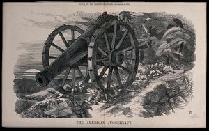 view A large cannon pushed forwards by Furies crushes American soldiers under its wheels; representing the American Civil War. Wood engraving after J. Tenniel, 1864.