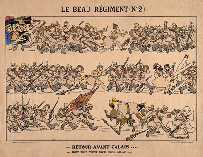 World War I: the German army in retreat from the Pas-de-Calais (?). Colour lithograph by A.L. Bognard.