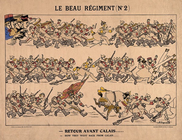 World War I: the German army in retreat from the Pas-de-Calais (?). Colour lithograph by A.L. Bognard.