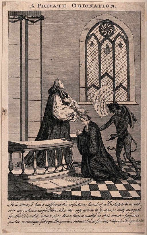 One man is holding his hands over the head of another as he kneels before him, a figure of a devil is standing behind the kneeling man. Engraving.