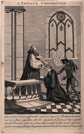 A bishop ordains John Horne Tooke as a priest: the devil replaces the ordinand's virtues with vices. Engraving, 1771.