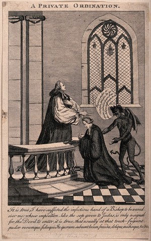 view A bishop ordains John Horne Tooke as a priest: the devil replaces the ordinand's virtues with vices. Engraving, 1771.