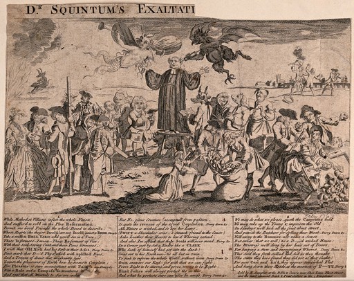A man standing on a table in the middle of a crowd is being listened to by an angel with a trumpet on one side and a devil on the other with a syringe in his ear. Etching.
