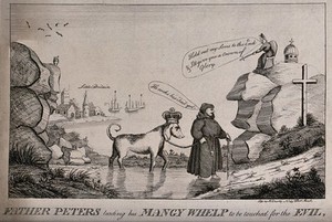 view A man in a monk's habit is leading a dog with a crown on its head through the water towards a cliff where there is a bishop wearing a mitre. Etching.