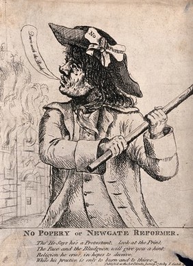 A rioter in the Gordon Riots has a cudgel in his hand and Newgate Prison is on fire in the background. Etching attributed to J. Gillray.