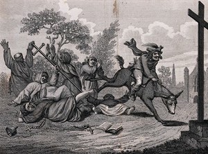 view A man on a horse causing havoc among a group of people wearing cassocks, carrying crosses and rosaries. Etching by J. Barlow, 1791, after S. Collings.