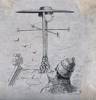 A man in religious dress is looking up to the weather vane on the top of the church which has the head of a priest for decoration. Etching.