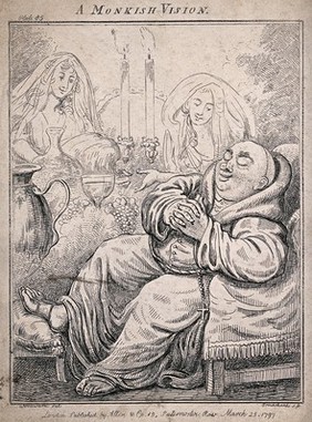 A monk is asleep in his chair dreaming of being offered food and wine by young women. Etching by Cruikshank after Woodward.