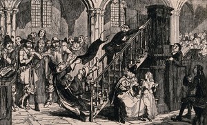 view A man is falling down the stairs of the pulpit watched by the congregation in the church, as he falls he pulls the robe of the priest. Etching after George Cruikshank.