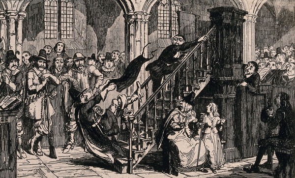 A man is falling down the stairs of the pulpit watched by the congregation in the church, as he falls he pulls the robe of the priest. Etching after George Cruikshank.