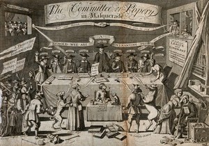 view A committee of English Nonconformists of the Commonwealth era receiving petitions from people accused of bestiality (a woman with a dog and a man with a horse); representing the danger that Puritanism might be revived in 1680 and seize power in Great Britain. Engraving after Sir R. Lestrange, 1680.