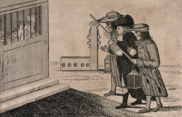 A parson accompanied by two constables on his way to visit prisoners in a parish lockup. Etching, 1778.