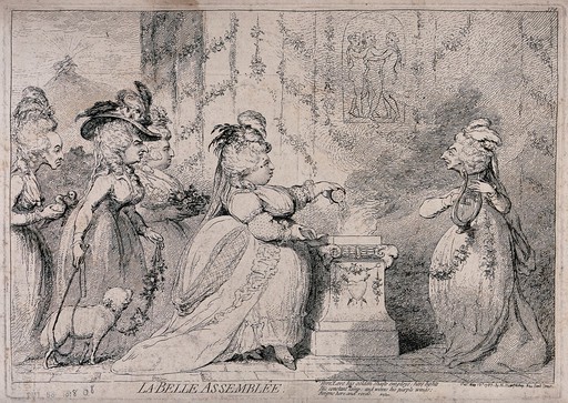 A woman is pouring a substance into a font accompanied by other women, some with animals and flowers and one with a small lyre. Etching.