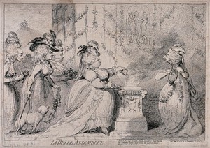 view Five elderly ladies caricatured as young women performing a sacrifice in a classical tableau. Etching by J. Gillray, 1787.