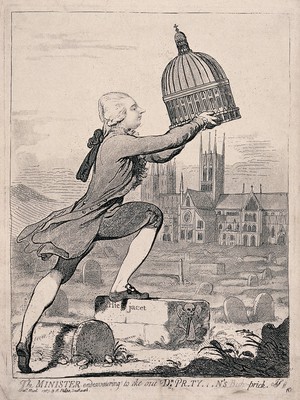 view William Pitt the younger places the dome of St Paul's Cathedral over Lincoln Cathedral; representing Pitt's appointment of George Pretyman (Bishop of Lincoln) as also dean of St Paul's. Etching attributed to J. Gillray, 1787.