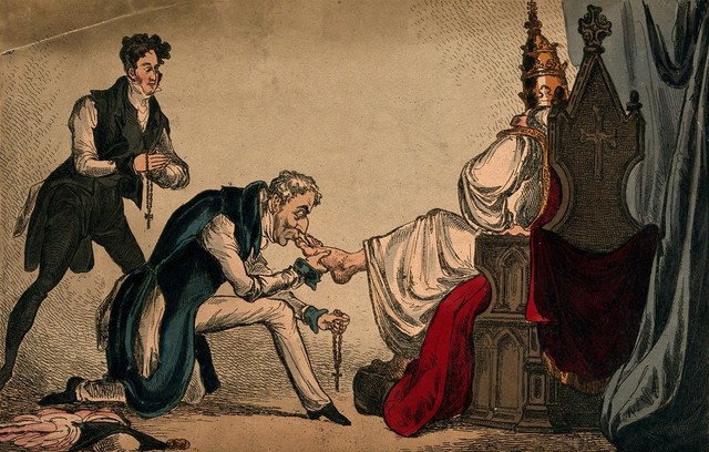 The Duke of Wellington kisses the toe of the Pope, while Roobert Peel holds a rosary; representing Catholic Emancipation. Coloured etching by William Heath, ca 1829.
