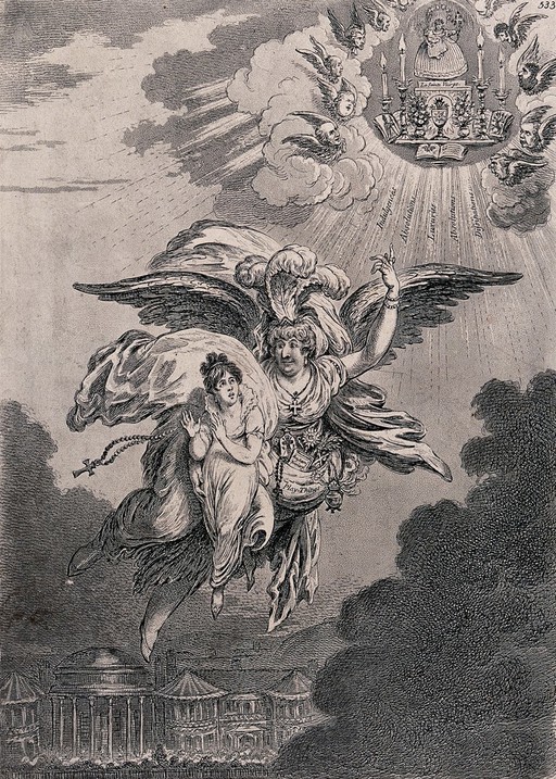The figure of an angel is carrying a child up into the sky to a place laid out with candles. Etching by James Gillray after himself.
