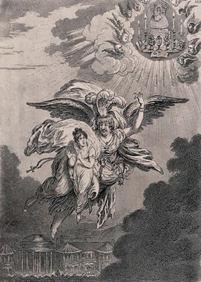 A guardian angel is carrying a child up into the sky to an altar dedicated to a parody of the Virgin. Etching by James Gillray, 1805.