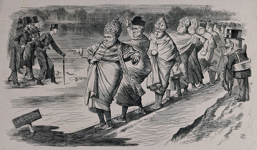 First Vatican Council, 1869-1870: Pope Pius IX leading his cardinals across a plank of wood placed on the ice, watched by Mr Punch. Wood engraving by Swain after J. Tenniel, 1869.