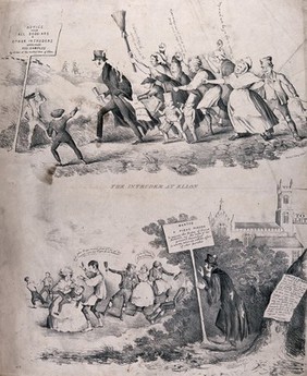 A minister appointed to the parish of Ellon, Aberdeenshire, is being chased away by angry  parishioners (above); he stands behind a bush with a placard in his hand, watching the people's hedonistic behaviour (below). Lithograph attributed to B.W. Crombie, 1843.