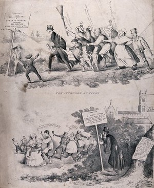 view A minister appointed to the parish of Ellon, Aberdeenshire, is being chased away by angry  parishioners (above); he stands behind a bush with a placard in his hand, watching the people's hedonistic behaviour (below). Lithograph attributed to B.W. Crombie, 1843.