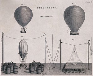 view Ballooning: hydrogen barrels and other equipment used in ballooning. Engraving by W. Lowry, 1803.