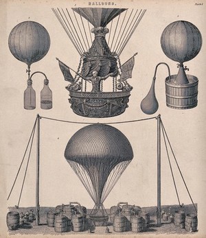 view James Sadler setting off on the proposed first crossing of the Irish Sea from Dublin by  balloon, 1812; with details of the hydrogen barrels and equipment. Engraving.