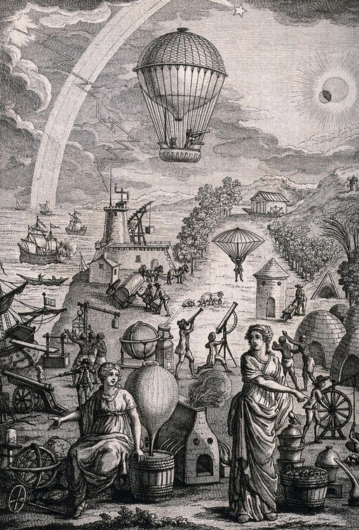 Men and women with telescopes, gyroscopes, a hot-air balloon and battle ships. Engraving by E. Voysard after C.L. Desrais.